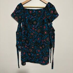Design Lab Mini Dress Cold Shoulder with Sleeve Ties Teal Floral Print | Size S
